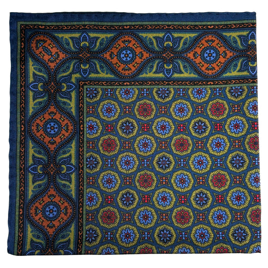 Olive Green & Navy Blue Geometric Ancient Madder Silk Pocket Square
