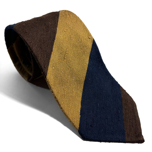 Untipped Navy Blue / Gold / Brown Block Stripe Silk Shantung Tie