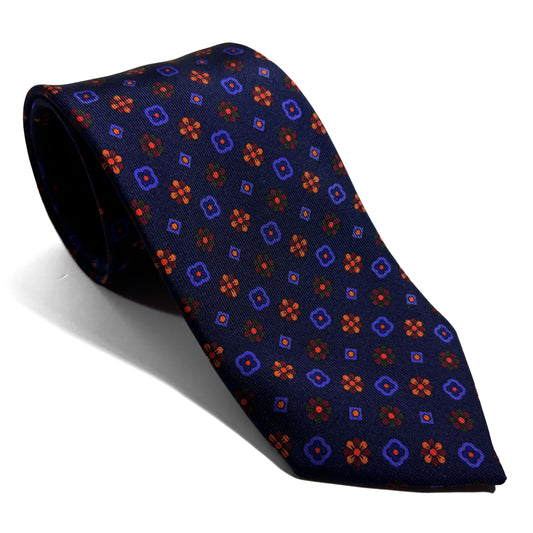 Hand-Printed Navy Blue Floral Neats Ancient Madder Silk Tie