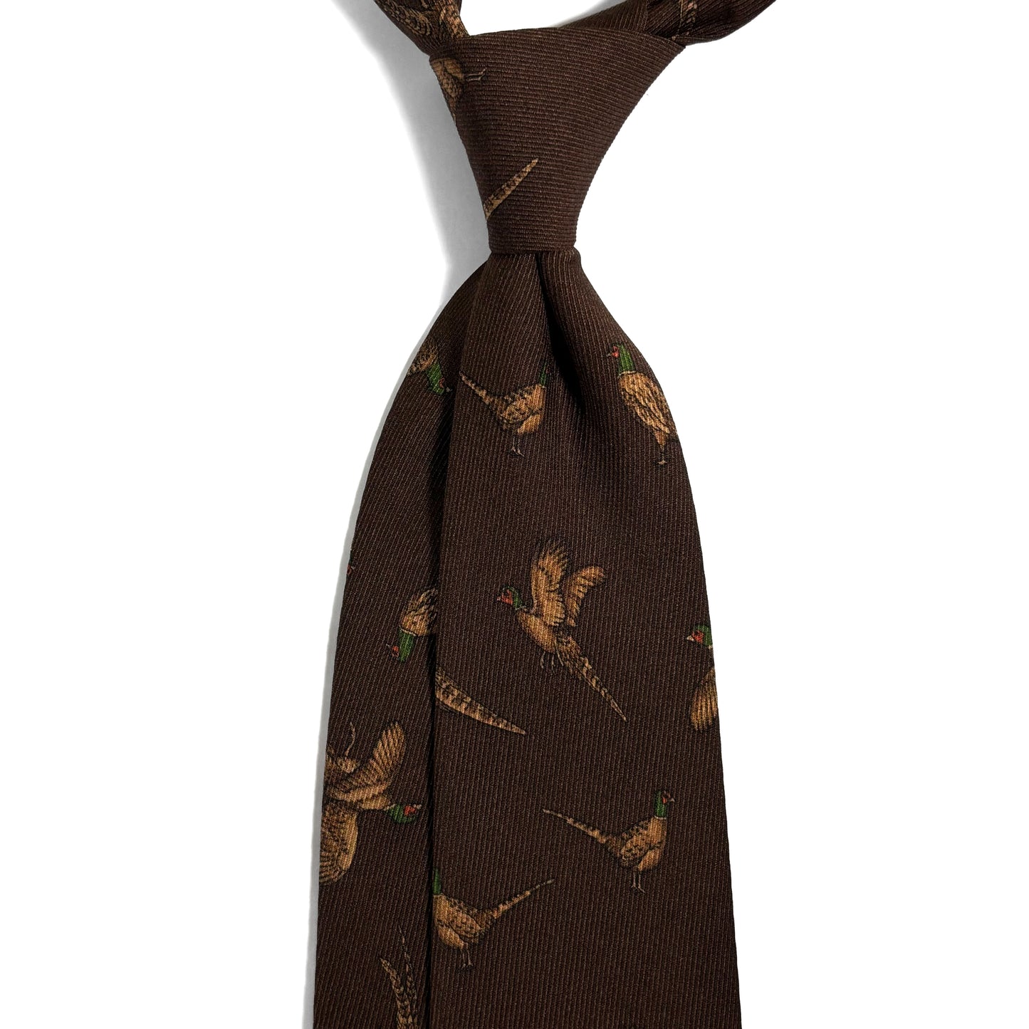 Brown Pheasant Print Italian Madder Silk Tie