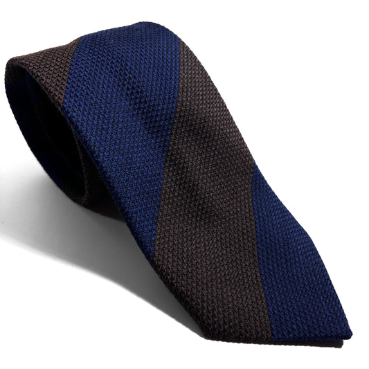 Navy Blue & Brown Striped Wool/Silk Grenadine Tie (Garza Fina)