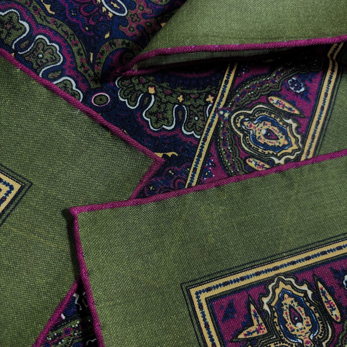 Dominus - Olive Green & Magenta - Wool/Silk Pocket Square