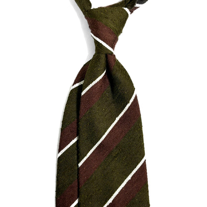 Untipped Olive Green / Brown Striped Silk Shantung Tie