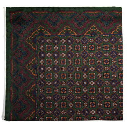 Forest Green & Bronze Geometric Ancient Madder Silk Pocket Square