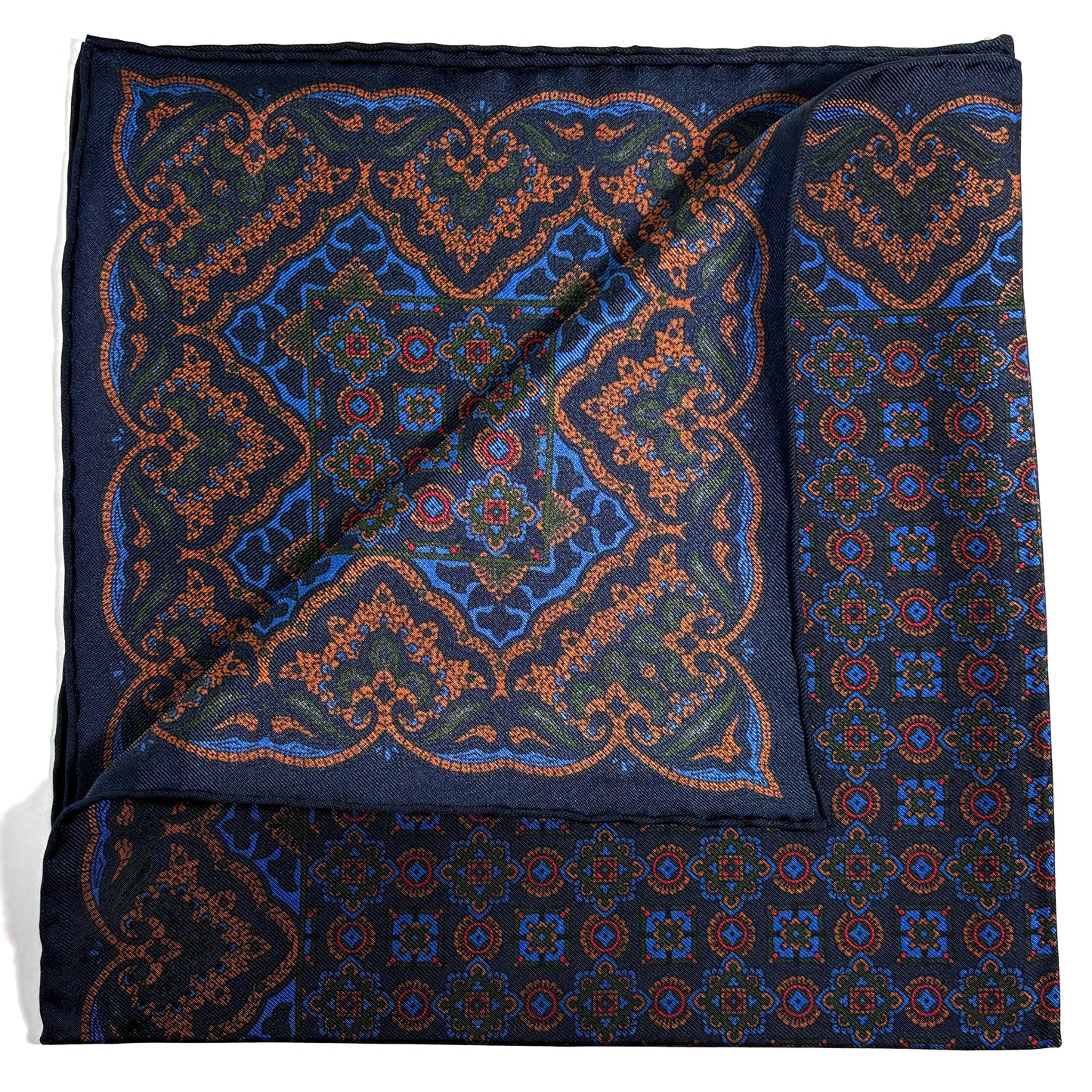 Navy Blue & Bronze Geometric Ancient Madder Silk Pocket Square