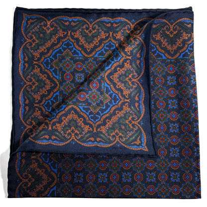 Navy Blue & Bronze Geometric Ancient Madder Silk Pocket Square