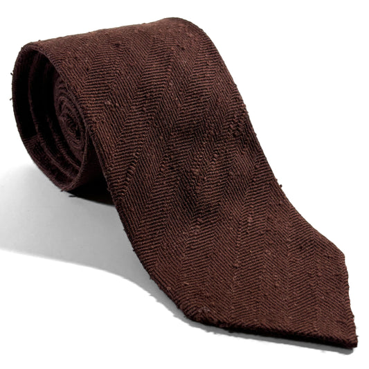 Untipped Brown Herringbone Silk Shantung Tie