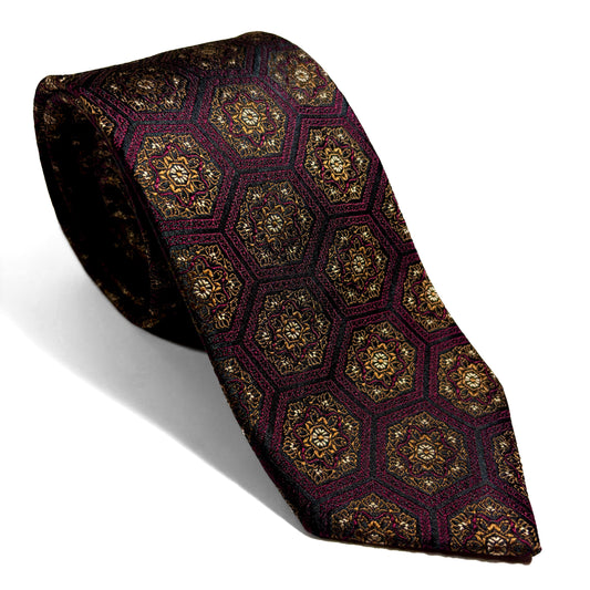 Burgundy & Gold Medallion Jacquard Silk Tie