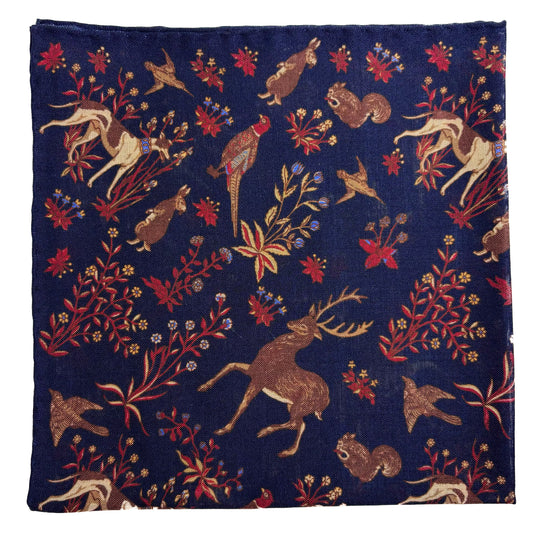 Terra - Floral Animal Motif - Navy Blue - Wool/Silk Pocket Square