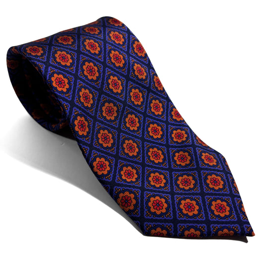 Hand-Printed Navy Blue & Gold Geometric Floral Ancient Madder Silk Tie