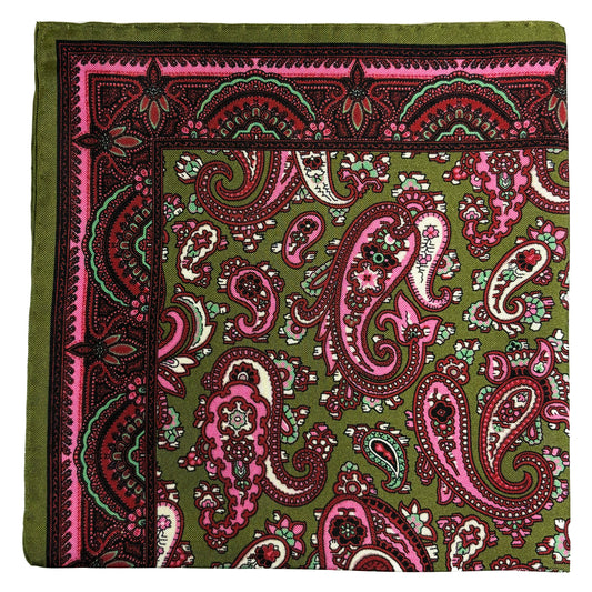 Olive Green & Pink Paisley Ancient Madder Silk Pocket Square