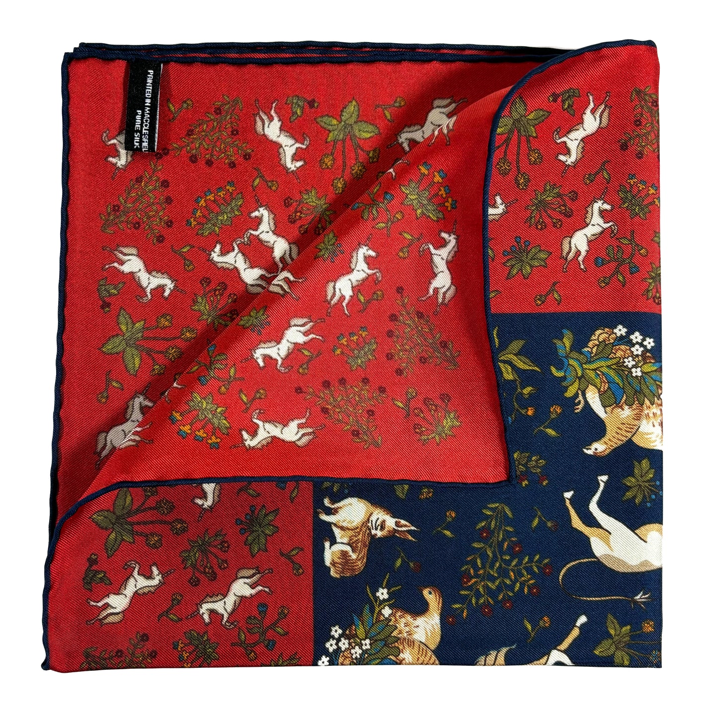 Navy Blue & Red Unicorn Motif Ancient Madder Silk Pocket Square