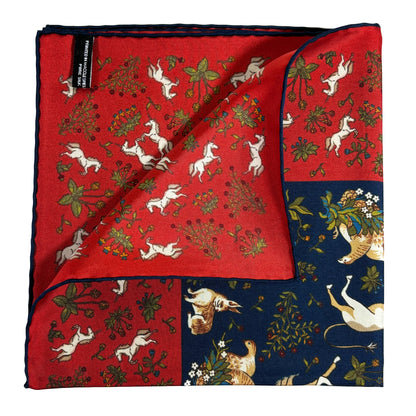 Navy Blue & Red Unicorn Motif Ancient Madder Silk Pocket Square