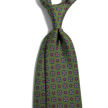 Olive Green Geometric Printed 24oz Silk Twill Tie