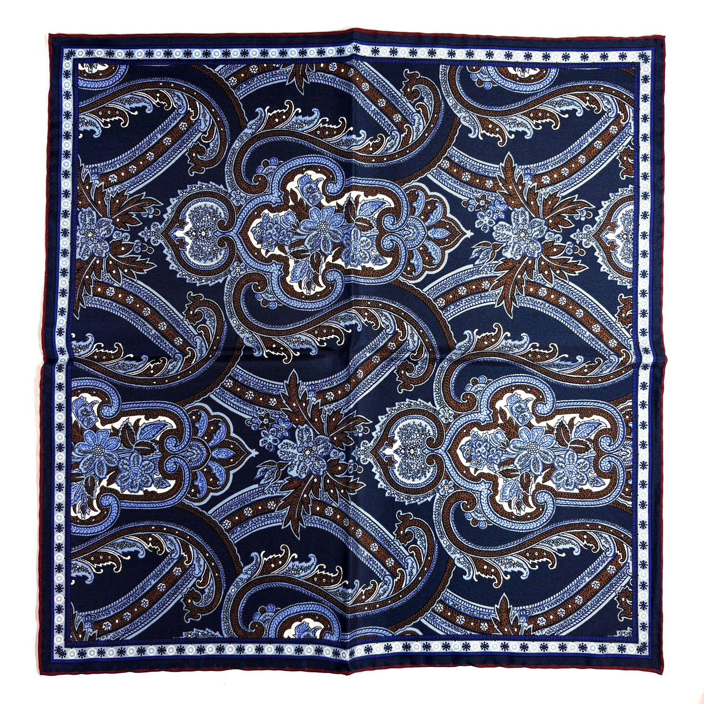 Navy Blue & Burgundy Floral Paisley Silk Pocket Square