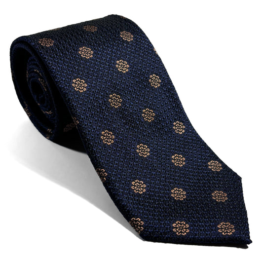 Navy Blue Floral Silk Grenadine Tie (English Weave)