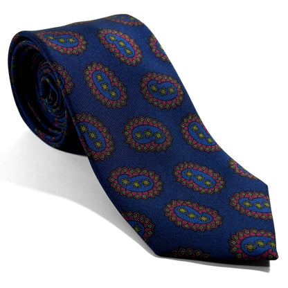 Navy Blue Paisley Printed 36oz Silk Twill Tie