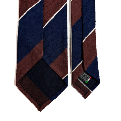 Untipped Navy Blue & Brown Block Stripe Silk Shantung Tie