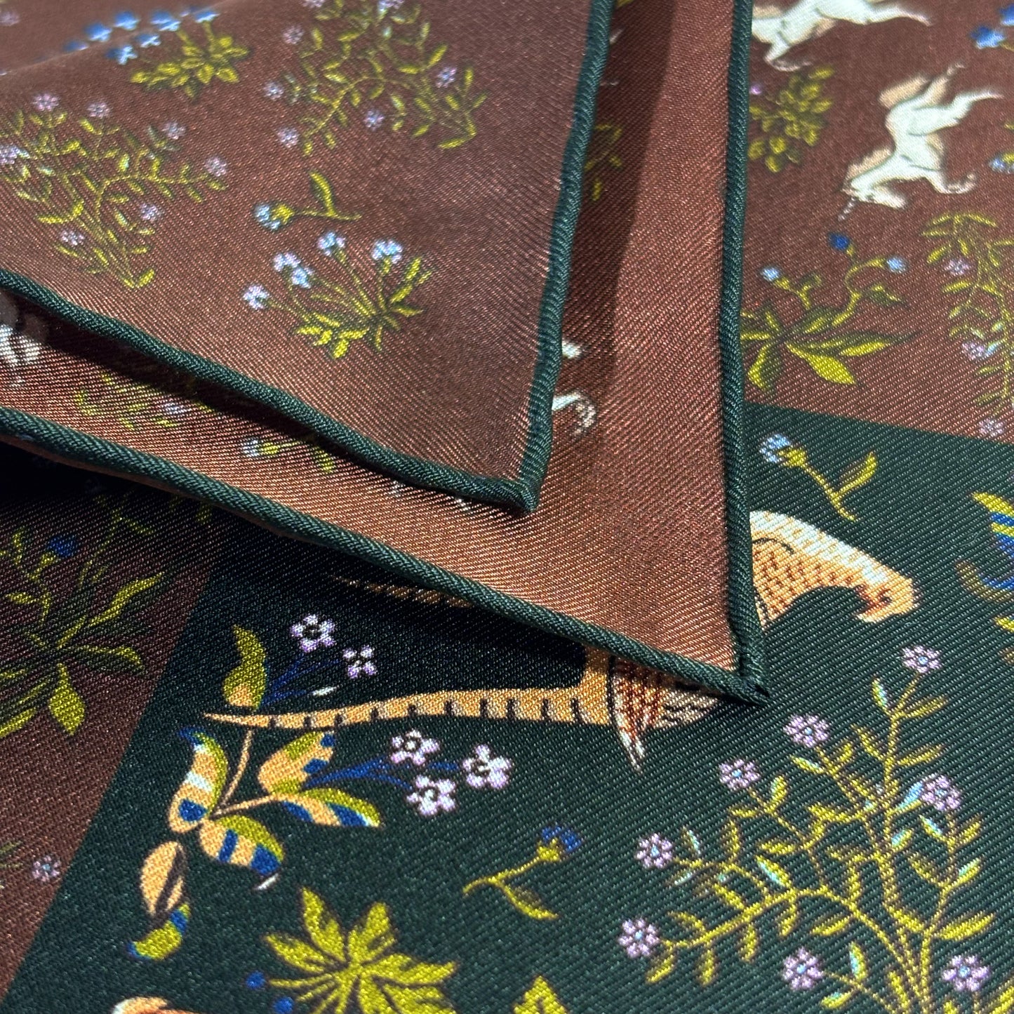Forest Green & Brown Unicorn Motif Ancient Madder Silk Pocket Square