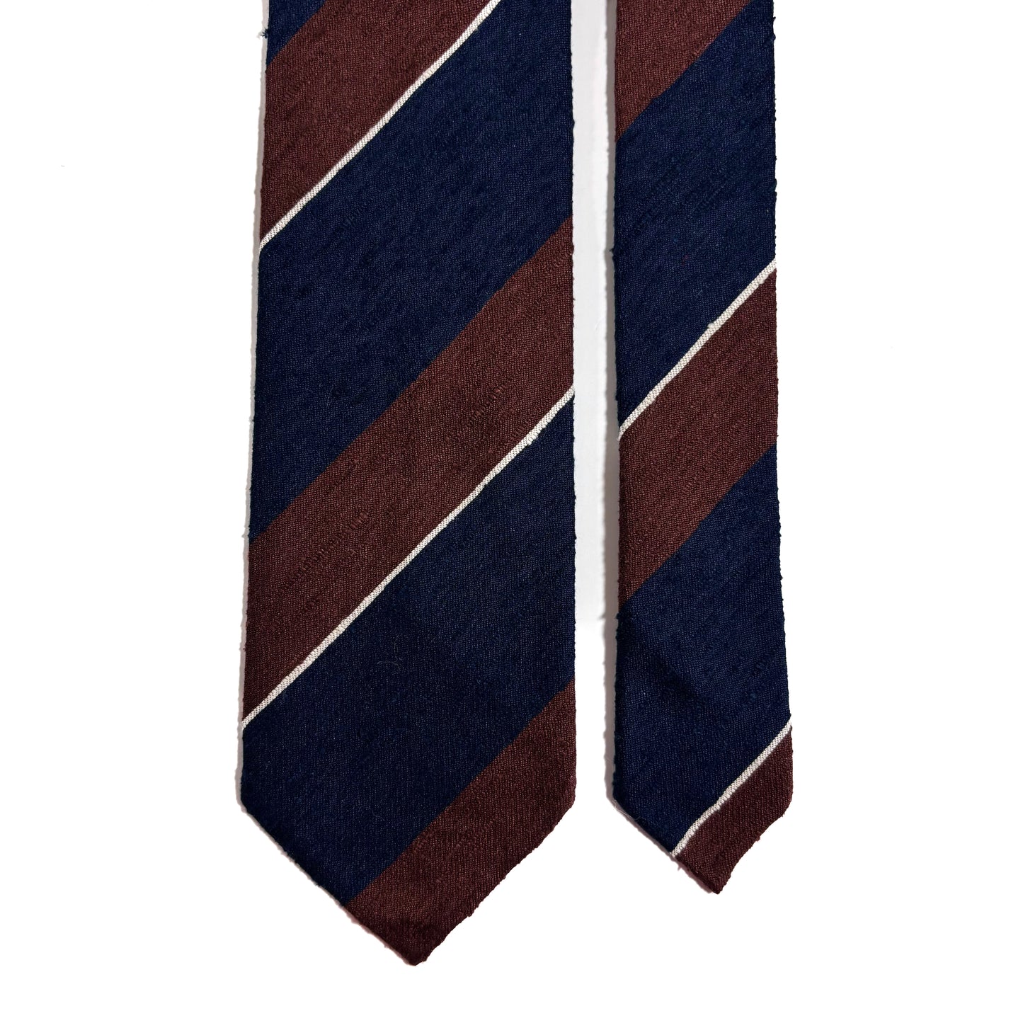 Untipped Navy Blue & Brown Block Stripe Silk Shantung Tie