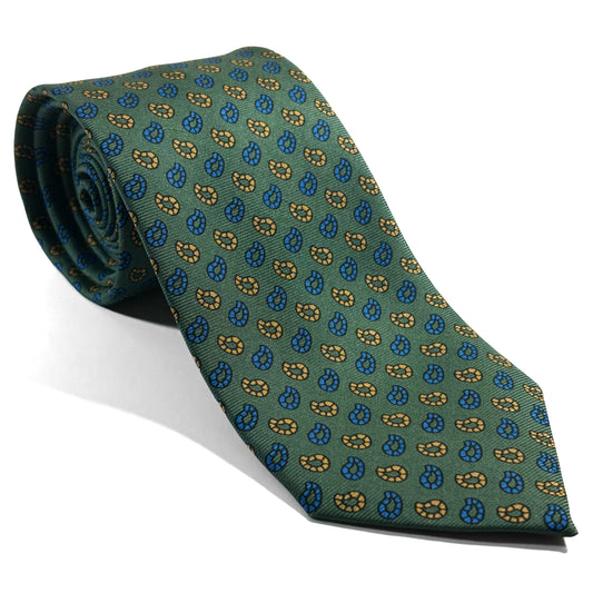 Hand-Printed Green Small Paisley Silk Tie