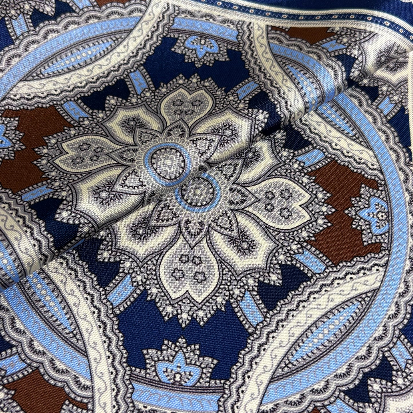 Brown & Light Blue Large Medallion Silk Pocket Square