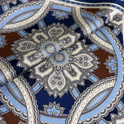 Brown & Light Blue Large Medallion Silk Pocket Square
