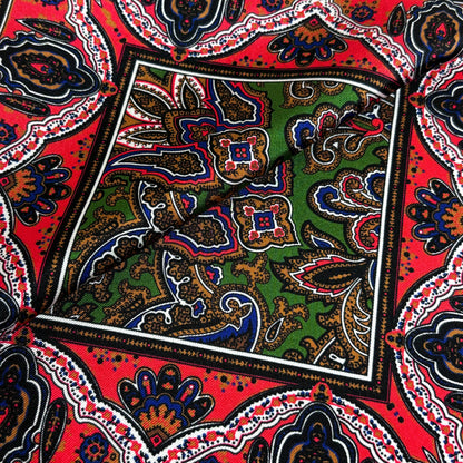 Green & Coral Red Paisley Silk Pocket Square