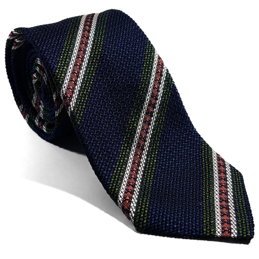 Navy Blue & Orange/Green Stripe Silk Grenadine Tie (Garza Fina)