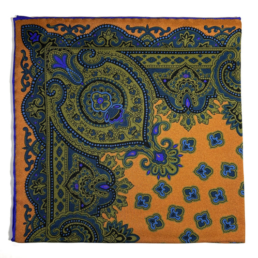 Burnt Orange & Olive Green Medallion Ancient Madder Silk Pocket Square