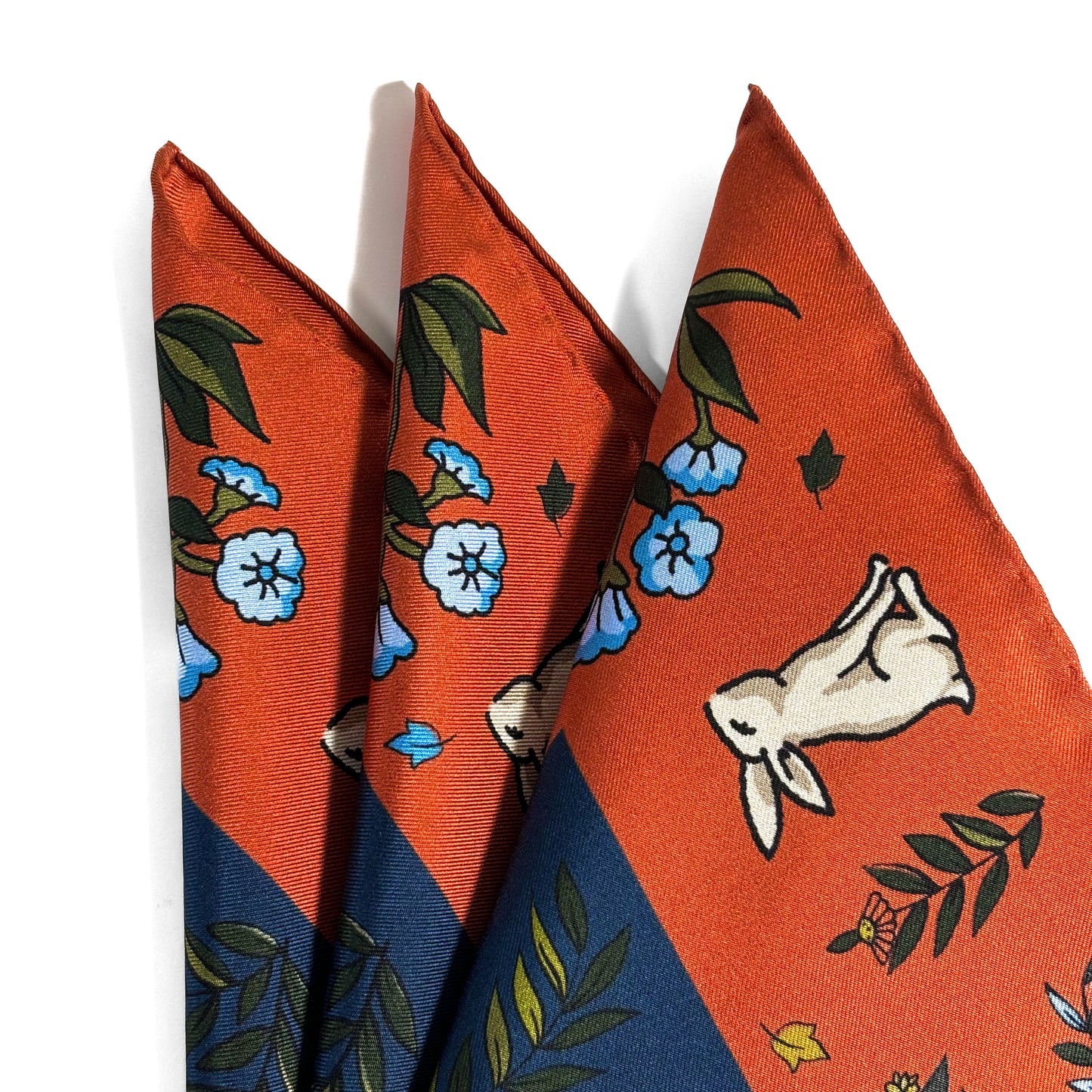 Navy Blue & Orange Gazelle Motif Ancient Madder Silk Pocket Square