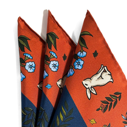 Navy Blue & Orange Gazelle Motif Ancient Madder Silk Pocket Square