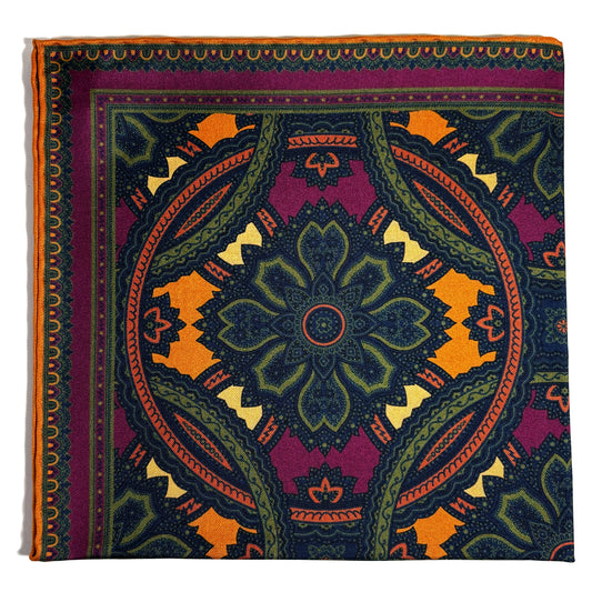 Purple & Gold Large Medallion Silk Pocket Square
