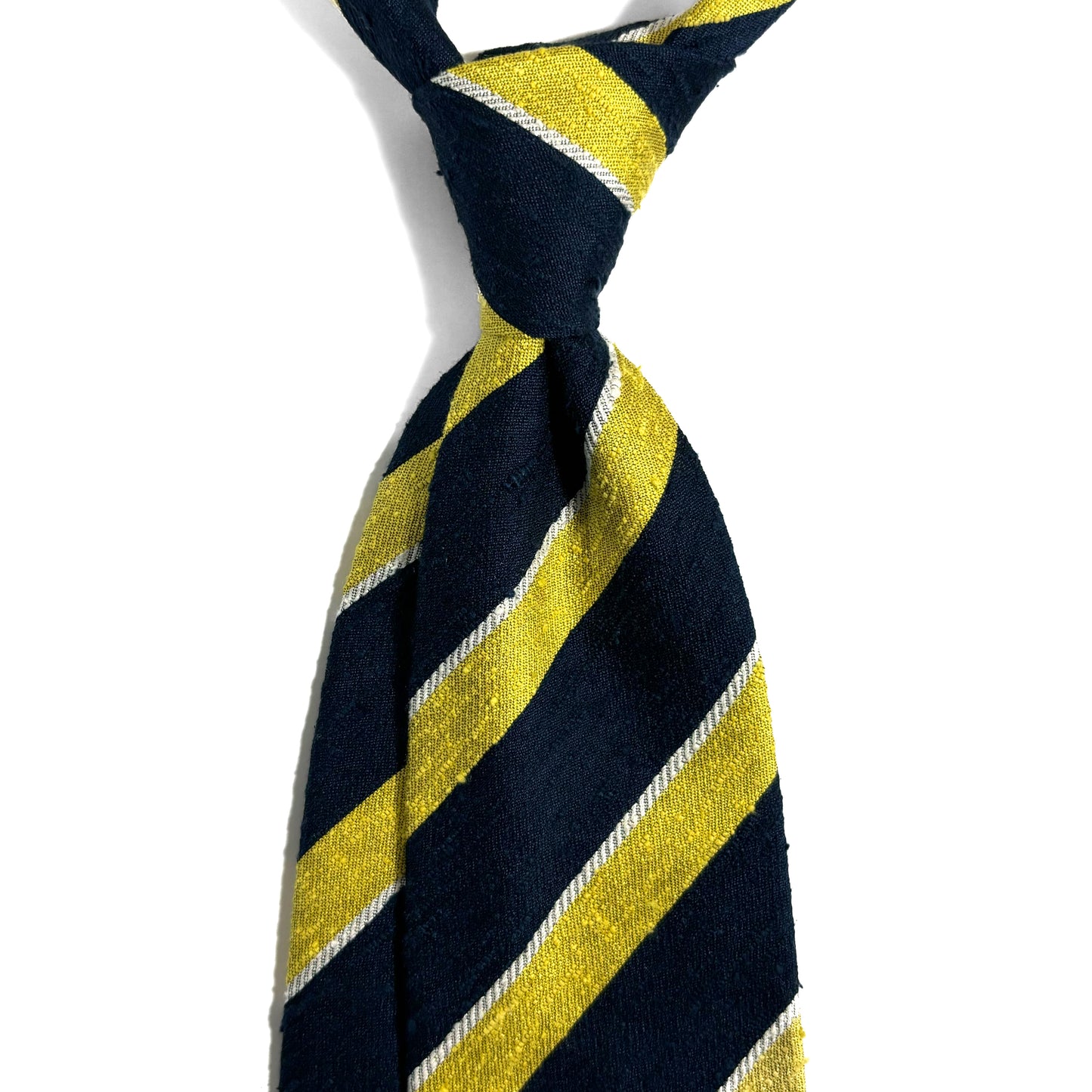 Untipped Navy Blue & Lemon Yellow Striped Silk Shantung Tie