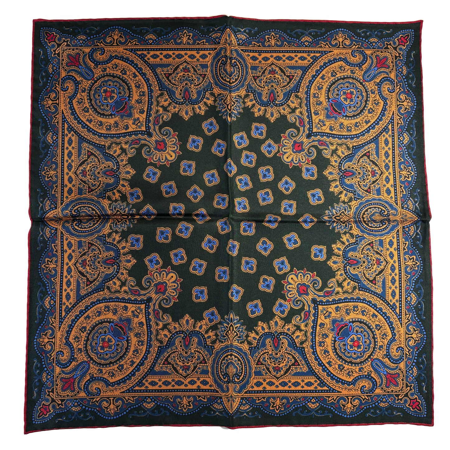 Forest Green & Orange Medallion Ancient Madder Silk Pocket Square