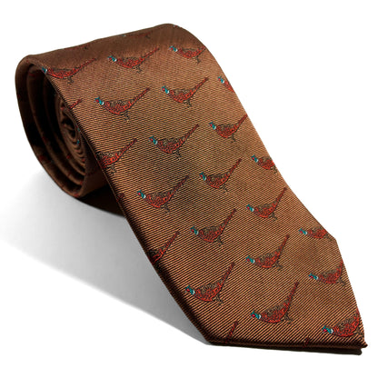 Brown Pheasant Motif Silk Jacquard Tie