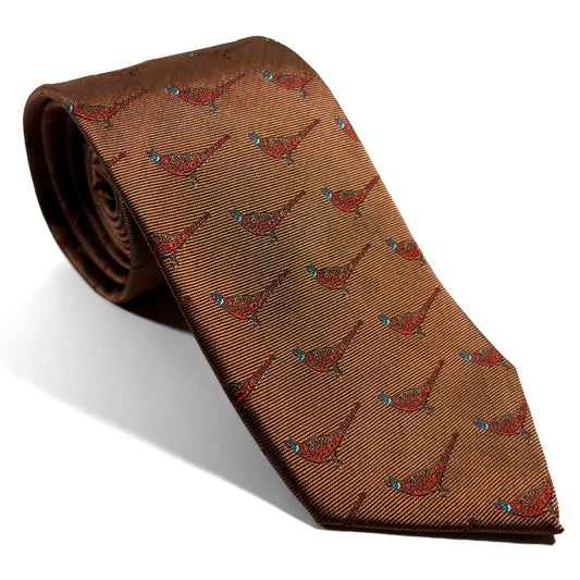 Brown Pheasant Motif Silk Jacquard Tie