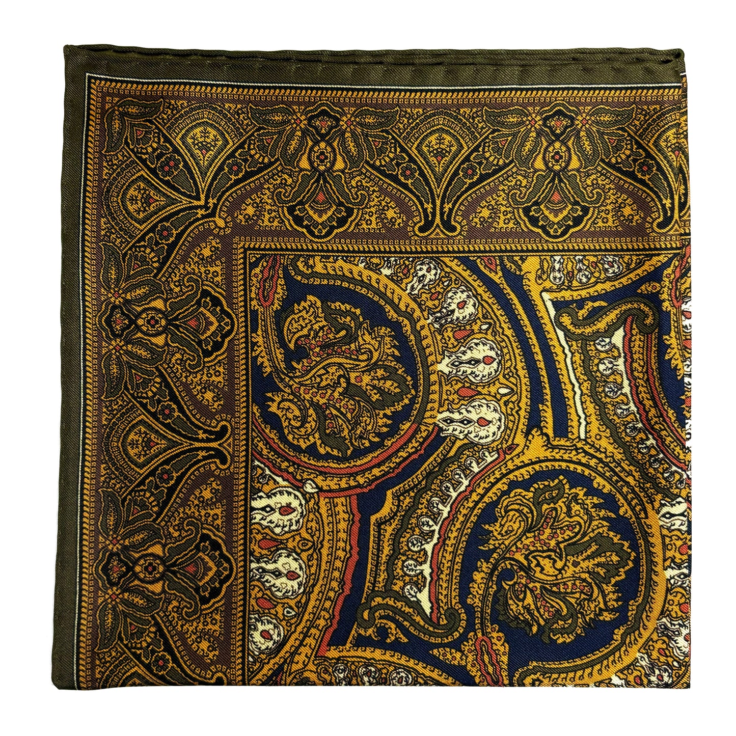 Gold & Olive Green Medallion Silk Pocket Square