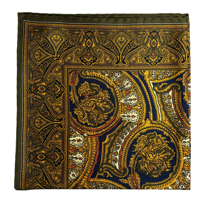 Gold & Olive Green Medallion Silk Pocket Square