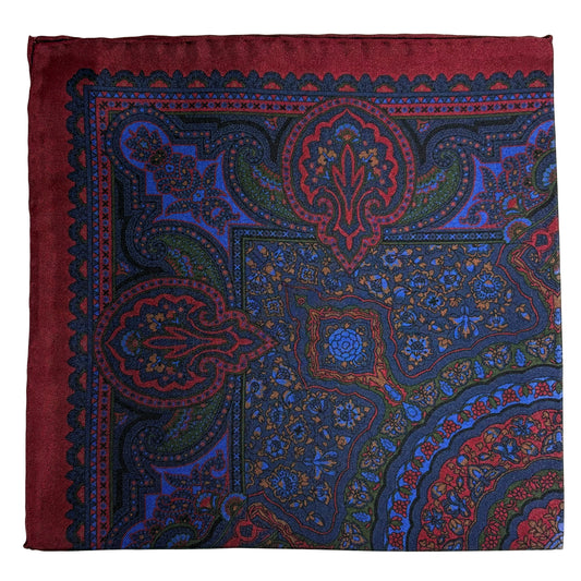 Navy Blue & Burgundy Floral Medallion Ancient Madder Silk Pocket Square