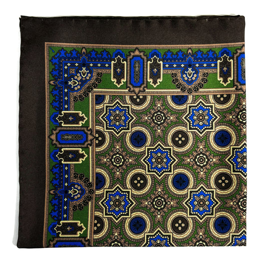 Brown & Green Geometric Silk Pocket Square