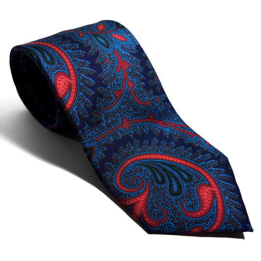 Hand-Printed Navy Blue & Copper Paisley Silk Tie