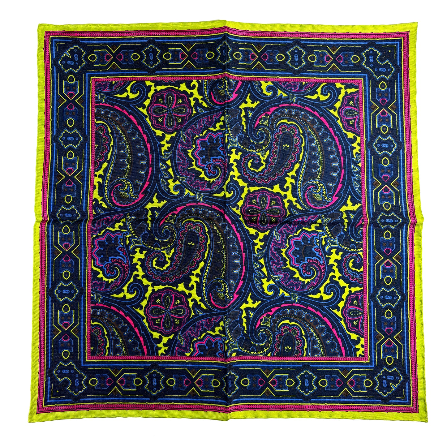 Neon Green & Brown Paisley Silk Pocket Square