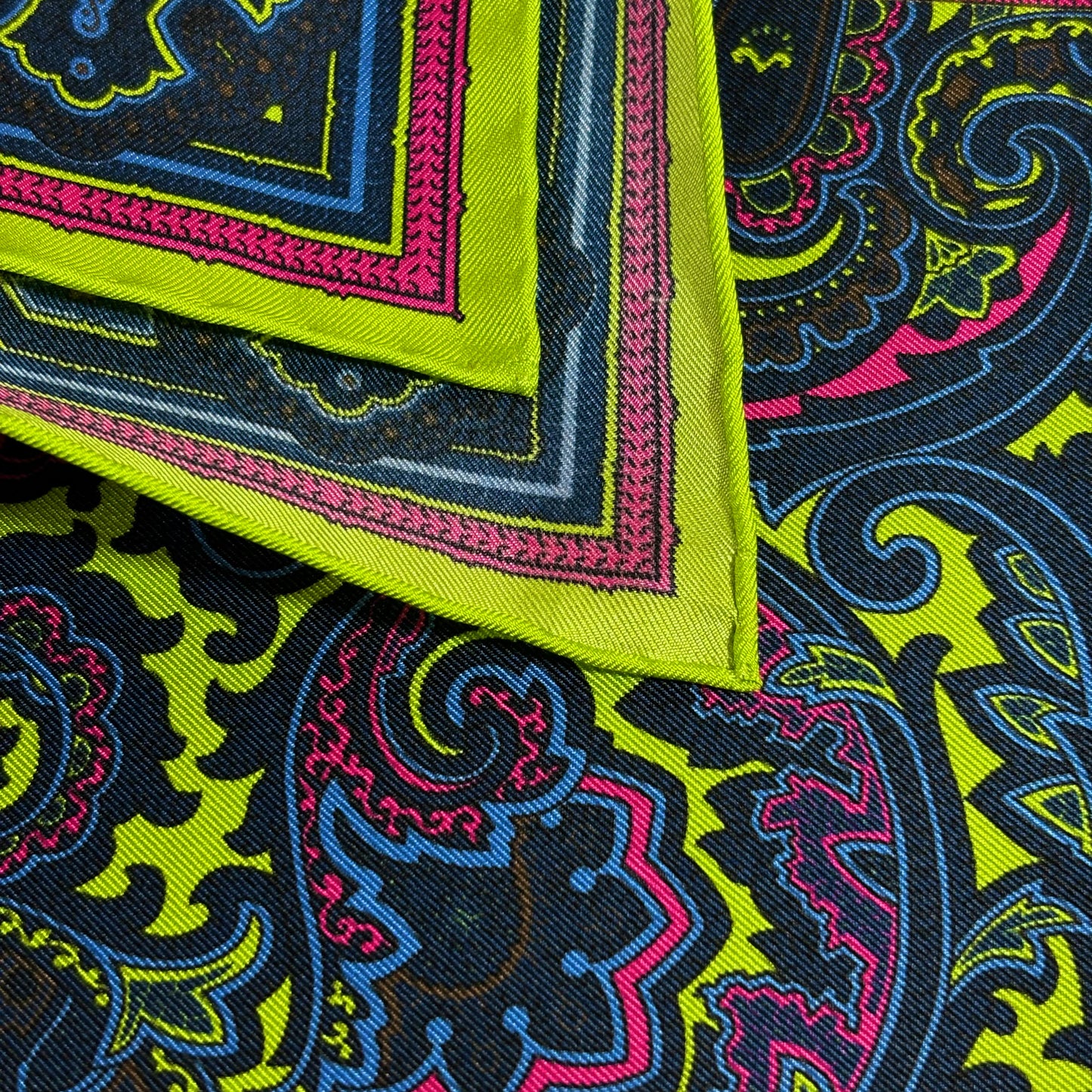 Neon Green & Brown Paisley Silk Pocket Square