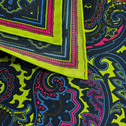 Neon Green & Brown Paisley Silk Pocket Square