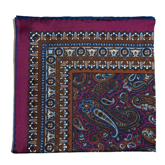 Magenta & Navy Blue Paisley Silk Pocket Square