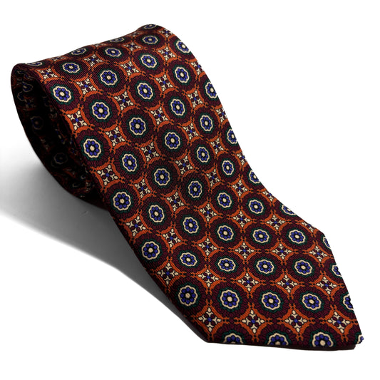 Hand-Printed Orange & Burgundy Geometric Ancient Madder Silk Tie