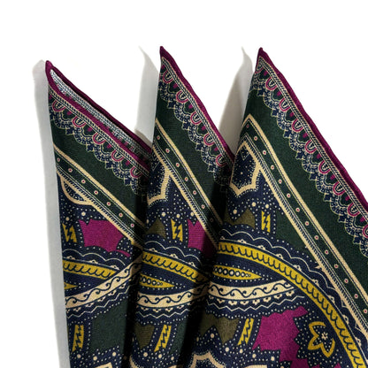 Forest Green & Purple Large Medallion Silk Pocket Square