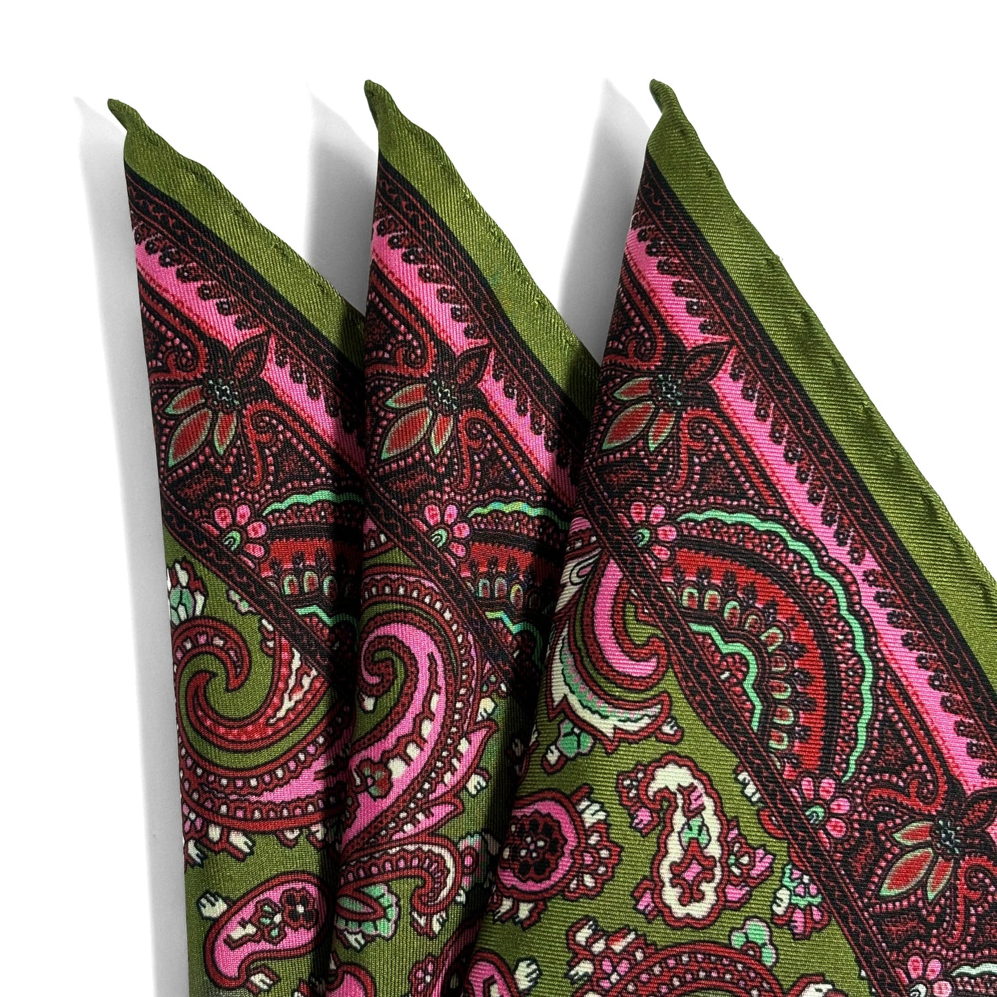 Olive Green & Pink Paisley Ancient Madder Silk Pocket Square