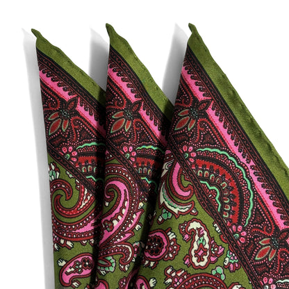 Olive Green & Pink Paisley Ancient Madder Silk Pocket Square